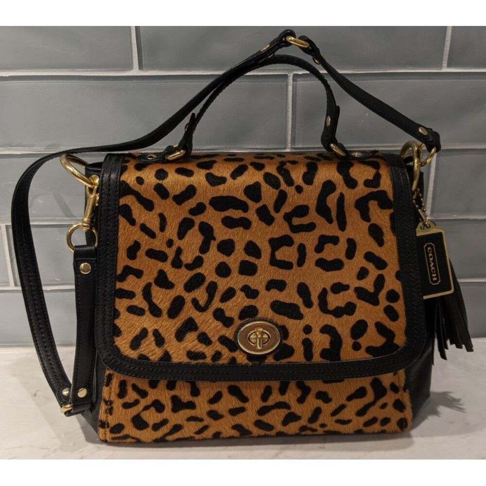 COACH Park Ocelot Haircalf Black Leather Turnlock Flap Satchel Bag - Picture 4 of 16